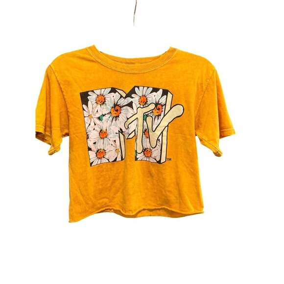 MTV Yellow T-Shirt With Floral Logo Graphic Short Sleeve Casual Tee Women's XS - Picture 1 of 6